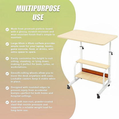 Height Adjustable Rolling Overbed Table 60cm Mobile Computer Desk.