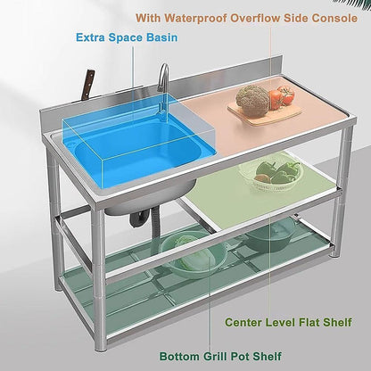 Freestanding Stainless Steel Kitchen Sink 120x50x79cm â Commercial Utility Wash Basin.