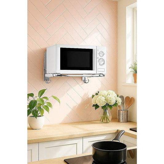 Stainless Steel Microwave Oven Wall Mount Bracket â Adjustable Shelf with Removable Hooks.