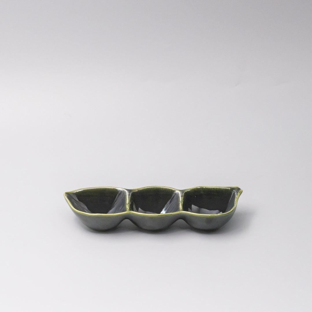 Edamame Triple Pod Dish 20cm Oribe Green Glaze.