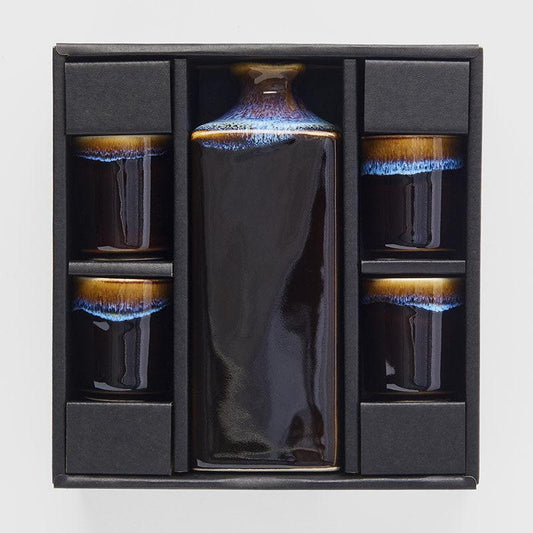 Sake Set 5pcs Tenmokku With Bright Blue Glaze.