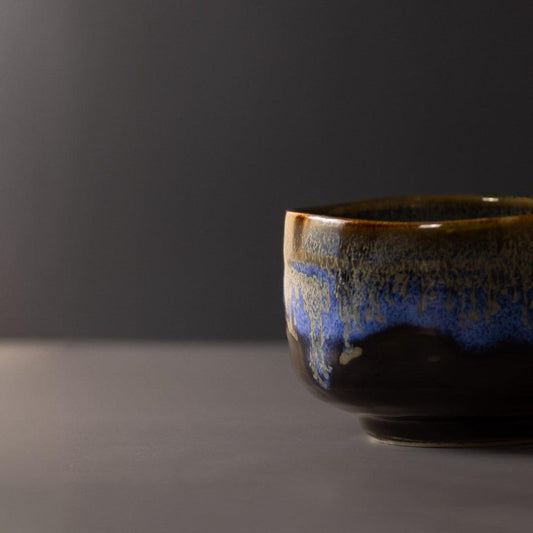 Matcha Tea Bowl 11.5cm Blue Drip on Black.