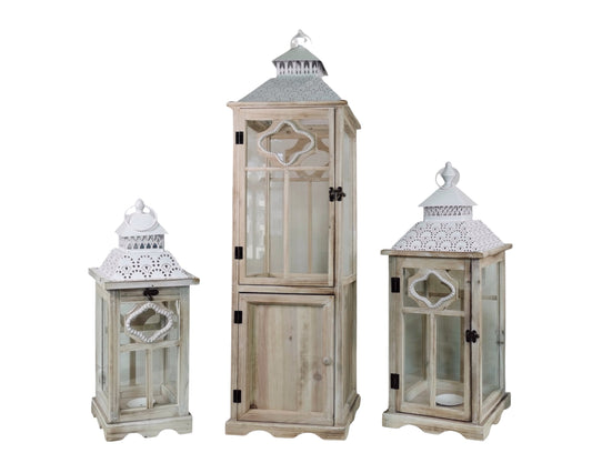 Set 3 Tall Natural Wooden Lantern 117cm.
