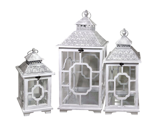 Set 3 Wooden Lantern w Metal Roof 76cm.
