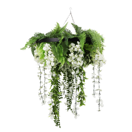 Black Framed Roof Hanging Disc With Draping Life-Like Wisteria Flowers UV Resistant 60cm.