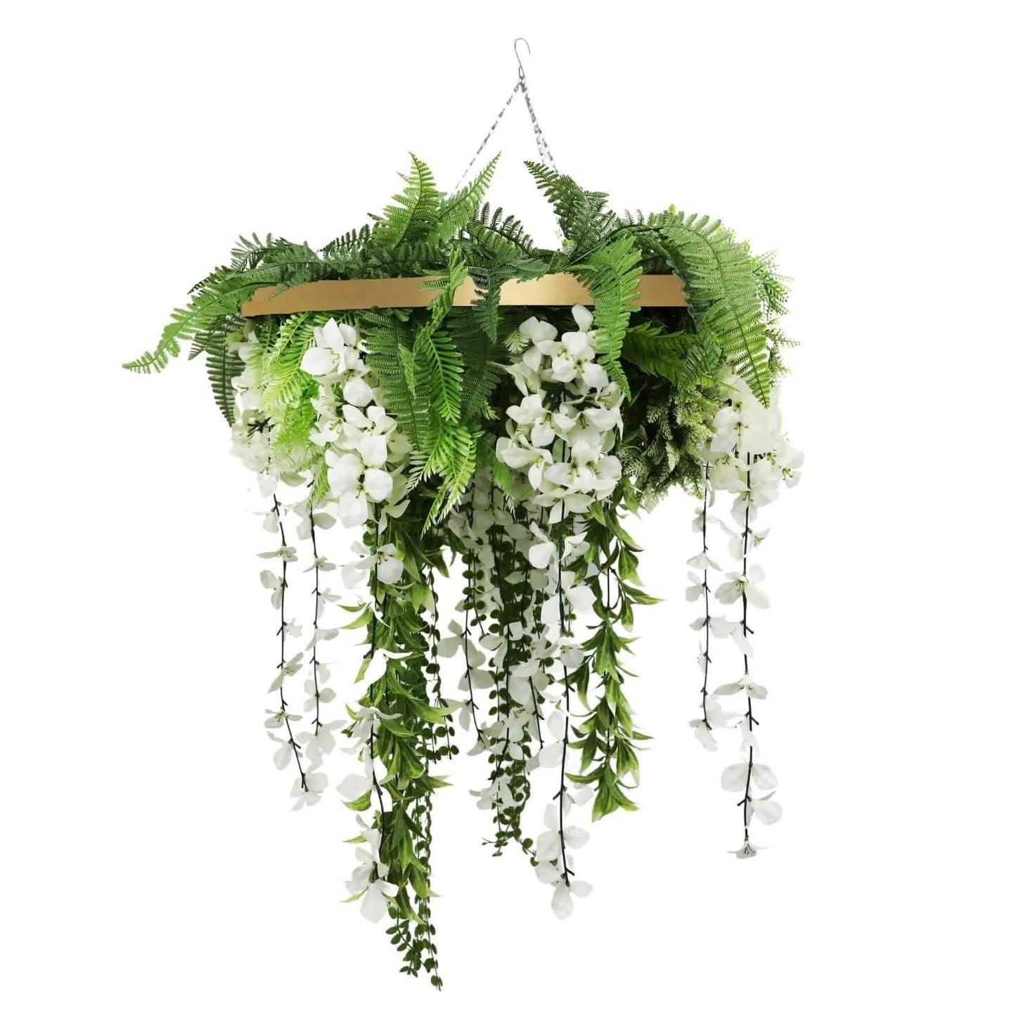 Gold Framed Roof Hanging Disc with Draping Life-Like Wisteria Flowers UV Resistant 60cm.