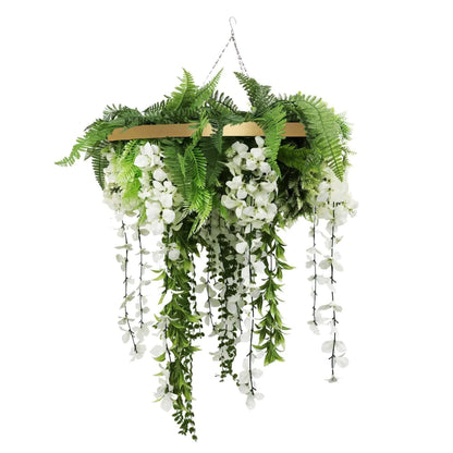 Gold Framed Roof Hanging Disc with Draping Life-Like Wisteria Flowers UV Resistant 60cm.