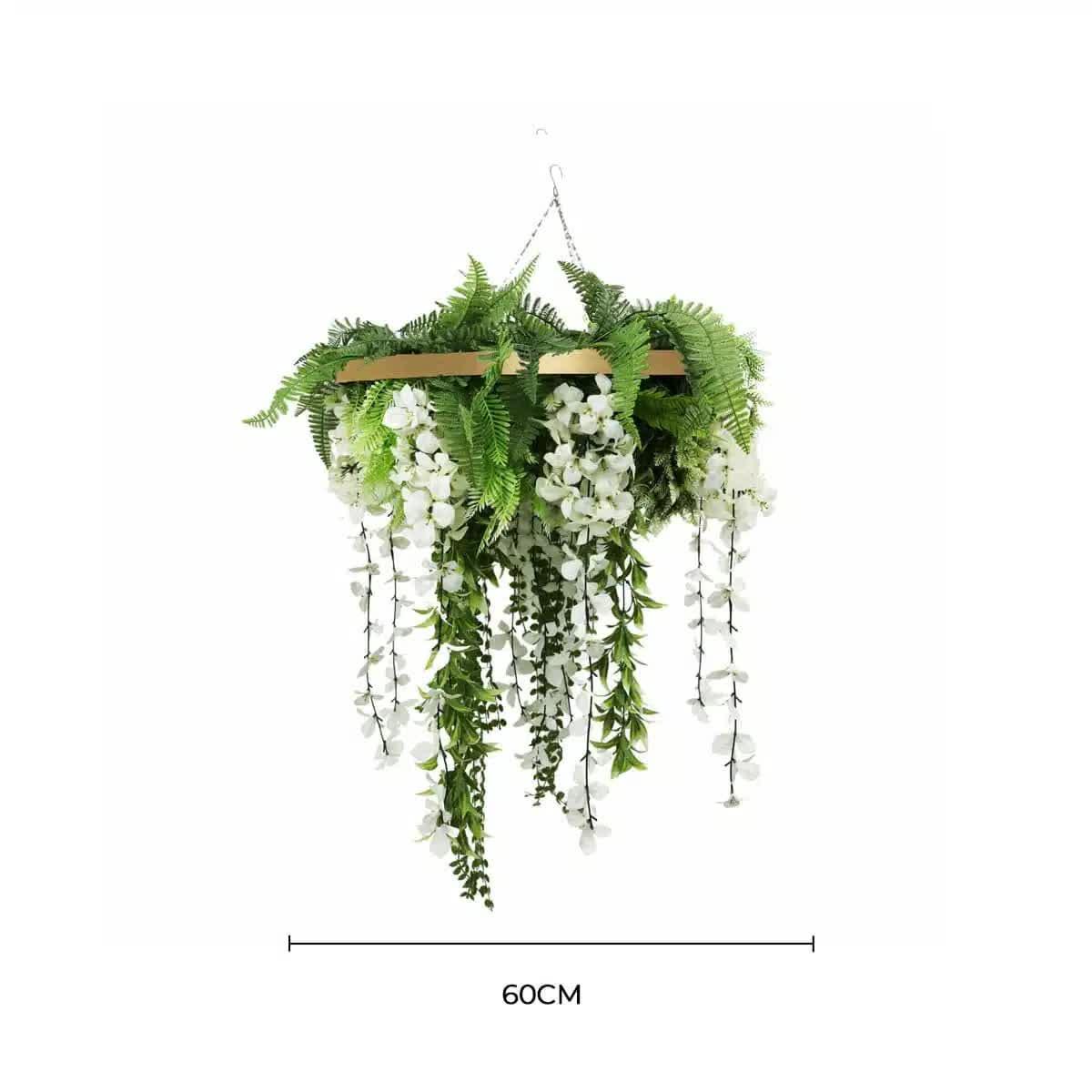 Gold Framed Roof Hanging Disc with Draping Life-Like Wisteria Flowers UV Resistant 60cm.