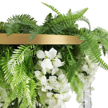 Gold Framed Roof Hanging Disc with Draping Life-Like Wisteria Flowers UV Resistant 60cm.