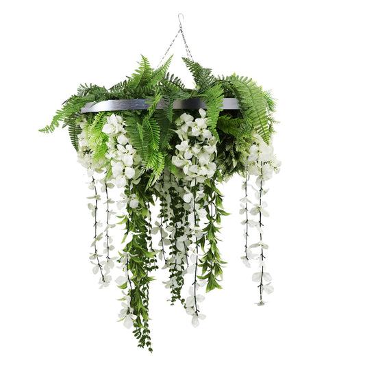 Silver Framed Roof Hanging Disc With Draping Life-Like Wisteria Flowers UV Resistant 60cm.