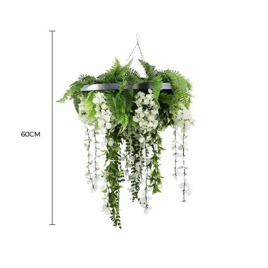 Silver Framed Roof Hanging Disc With Draping Life-Like Wisteria Flowers UV Resistant 60cm.