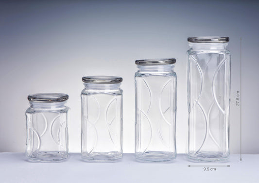 bulk 12 Swirl Embossed Squ Glass Jar w Glass Lid 27cm.
