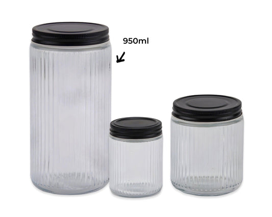 bulk 12 Ribbed Glass Jar With Metal Lid 950ml 9x19cm.