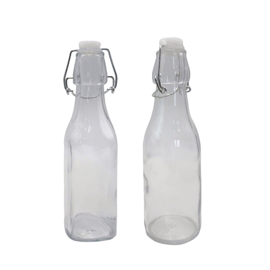 bulk 24 Clear Glass Bottle w Clip Lid 250ml 2 Asst 20cm.