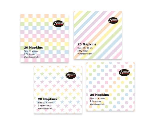 bulk 960 Dots Stars Gingham Diagonal Stripes Napkin 2ply Assort 33cm.