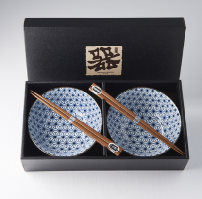 Bowl Set 2pcs with Chopsticks Starburst Blue Design