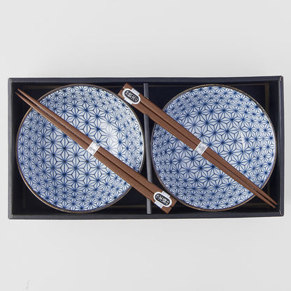 Bowl Set 2pcs with Chopsticks Starburst Blue Design