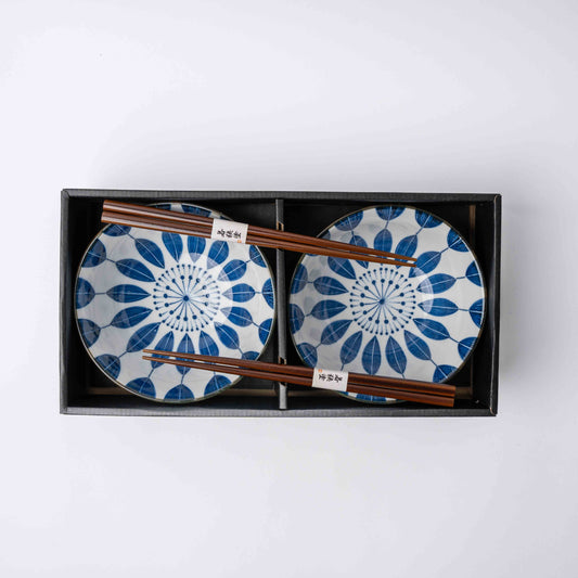 Bowl Set 2pcs with Chopsticks Indigo Sunflower Design.