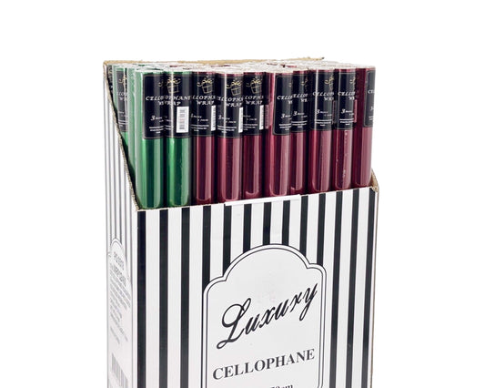 bulk 50 Cellophane Red & Green 70cmx3m on 38mm Core 40 Red 10 Green.