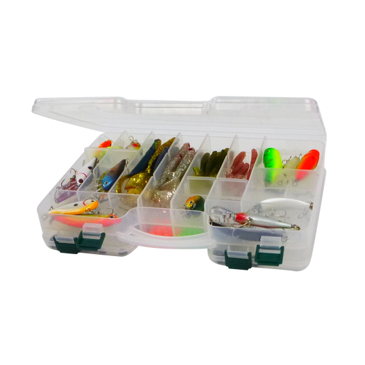 Rig Ezy 44 Compartment Double-sided Tackle Box. 295mmL x 210mmW x 6ommD.