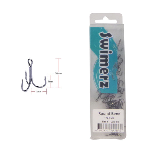 Swimerz Round Bend Trebles Size 8, 50 pack.