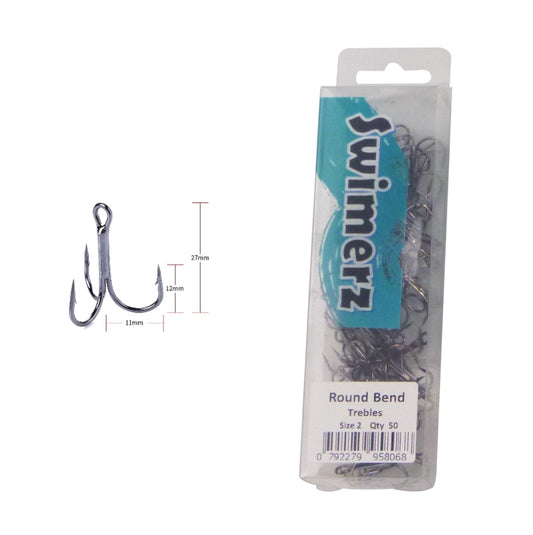 Swimerz Round Bend Trebles Size 2, 50 pack.