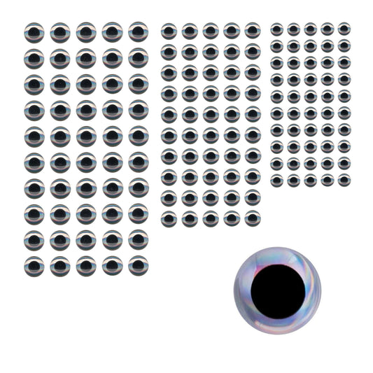 Artizan Molded Lure Eyes, 3.5, 5, 6.5mmD, Silver/Black, Qty 150.