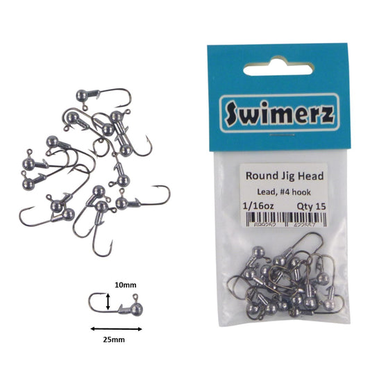 Swimerz Round Jig Head, 1/16 oz #4 Hook, 15 pack.