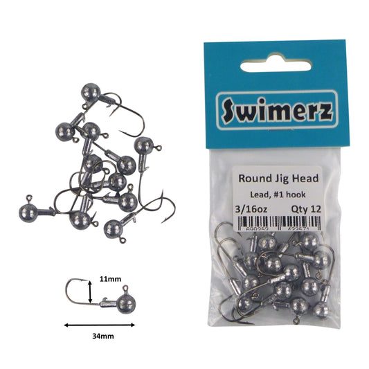 Swimerz Round Jig Head, 3/16 oz #1 Hook, 12 pack.