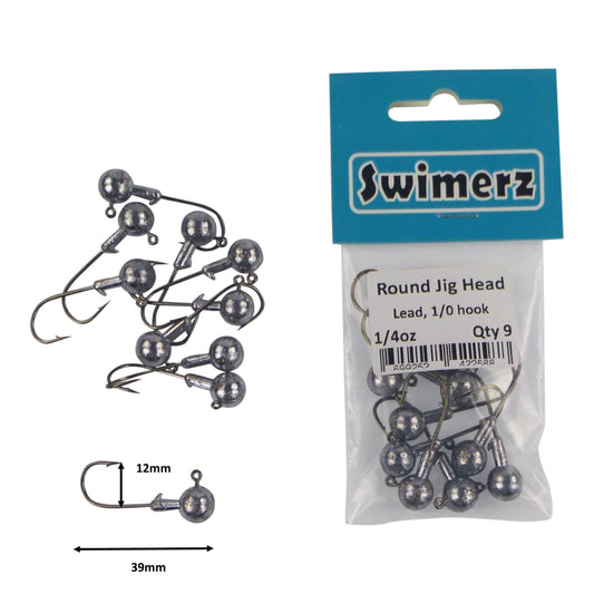 Swimerz Round Jig Head, 1/4 oz #1 Hook, 9 pack.