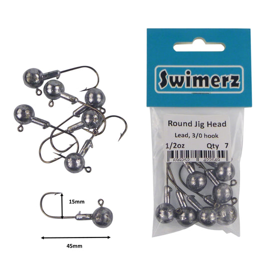 Swimerz Round Jig Head, 1/2 oz 2/0 Hook, 8 pack.