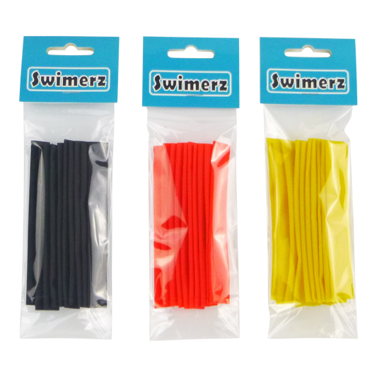 Swimerz Assist Hook Sleeves, 8/10mm Shrink Tube, Black, Yellow & Red, 100mm. Qty 30..
