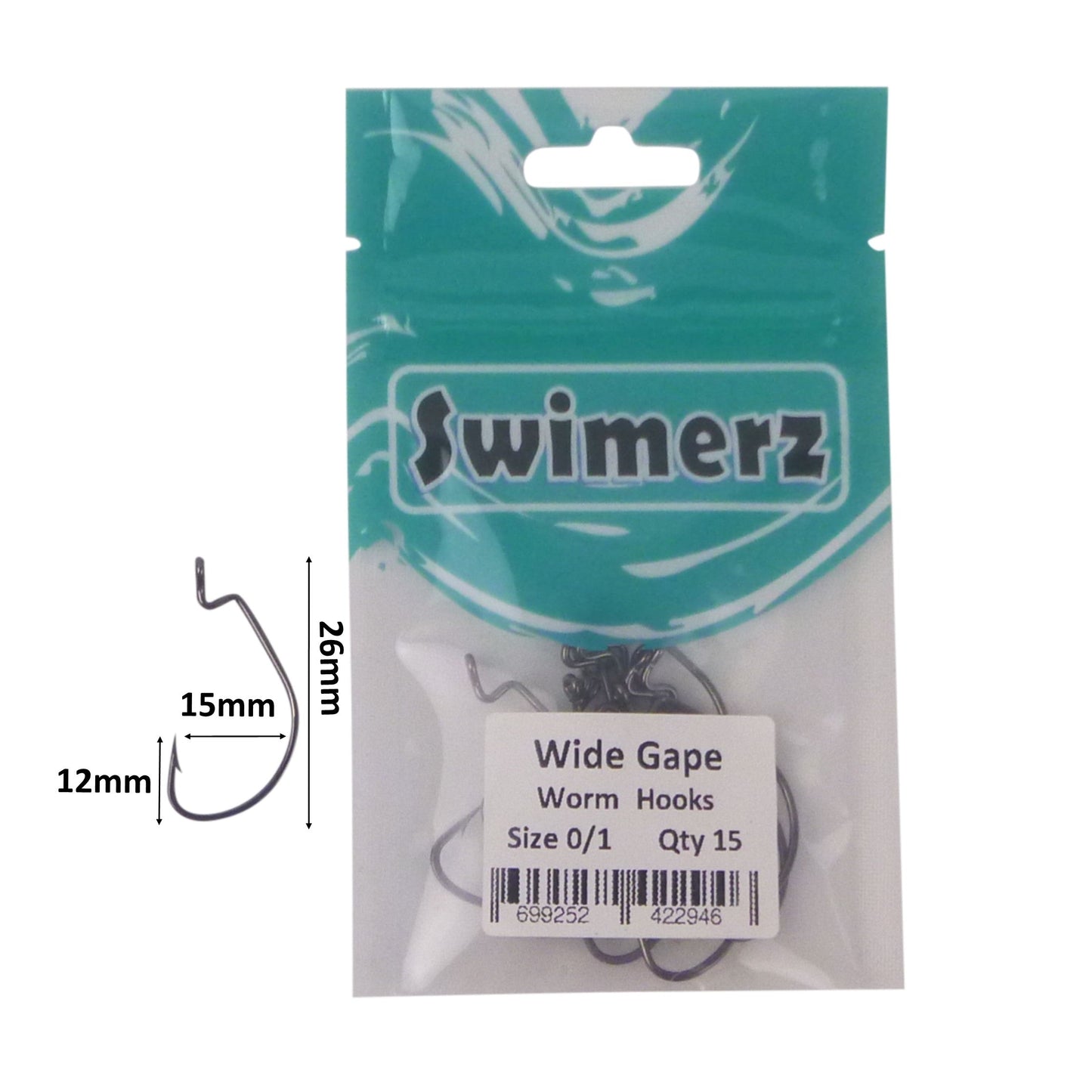 Swimerz 0/1 Wide Gape Worm Hook 15 Pack.