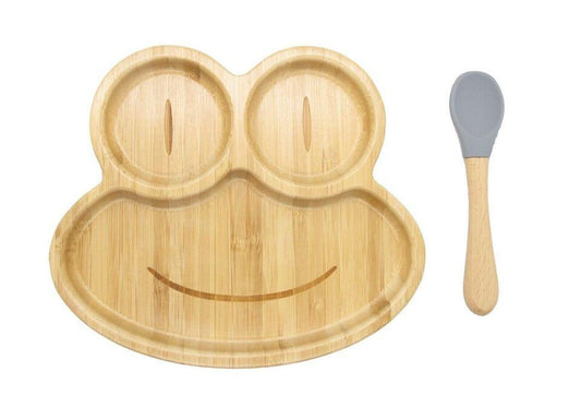 Bamboo Kids Children Baby Plate Bowl & Silicon Suction Cap Base & Spoon - Frog.