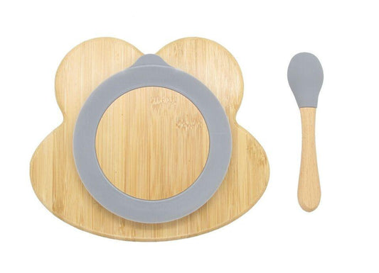 Bamboo Kids Children Baby Plate Bowl & Silicon Suction Cap Base & Spoon - Frog.