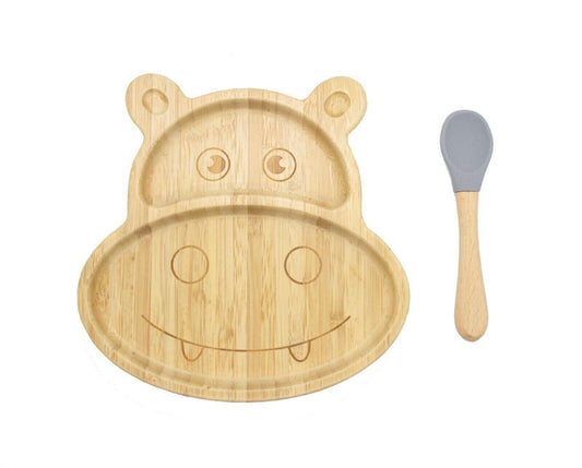 Bamboo Kids Children Baby Plate Bowl & Silicon Suction Cap Base & Spoon - Hippo.