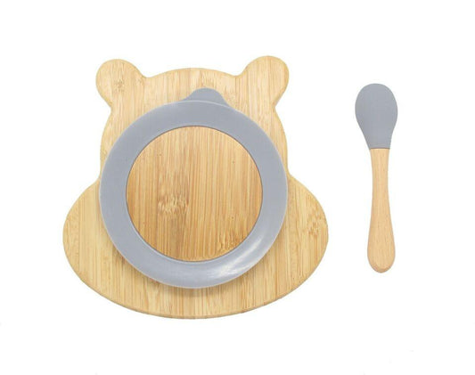 Bamboo Kids Children Baby Plate Bowl & Silicon Suction Cap Base & Spoon - Hippo.