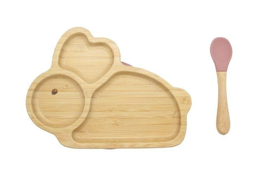 Bamboo Kids Children Baby Plate Bowl & Silicon Suction Cap Base & Spoon - Rabbit.