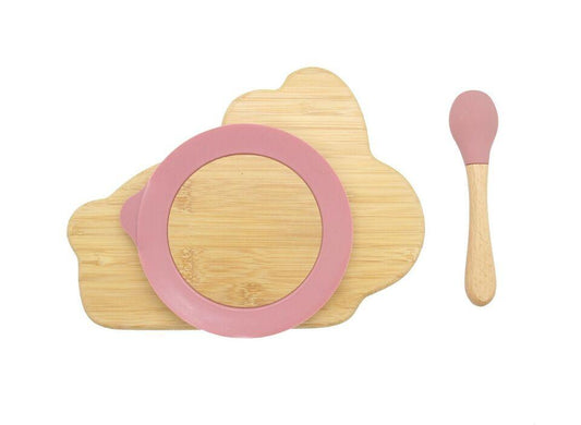 Bamboo Kids Children Baby Plate Bowl & Silicon Suction Cap Base & Spoon - Rabbit.