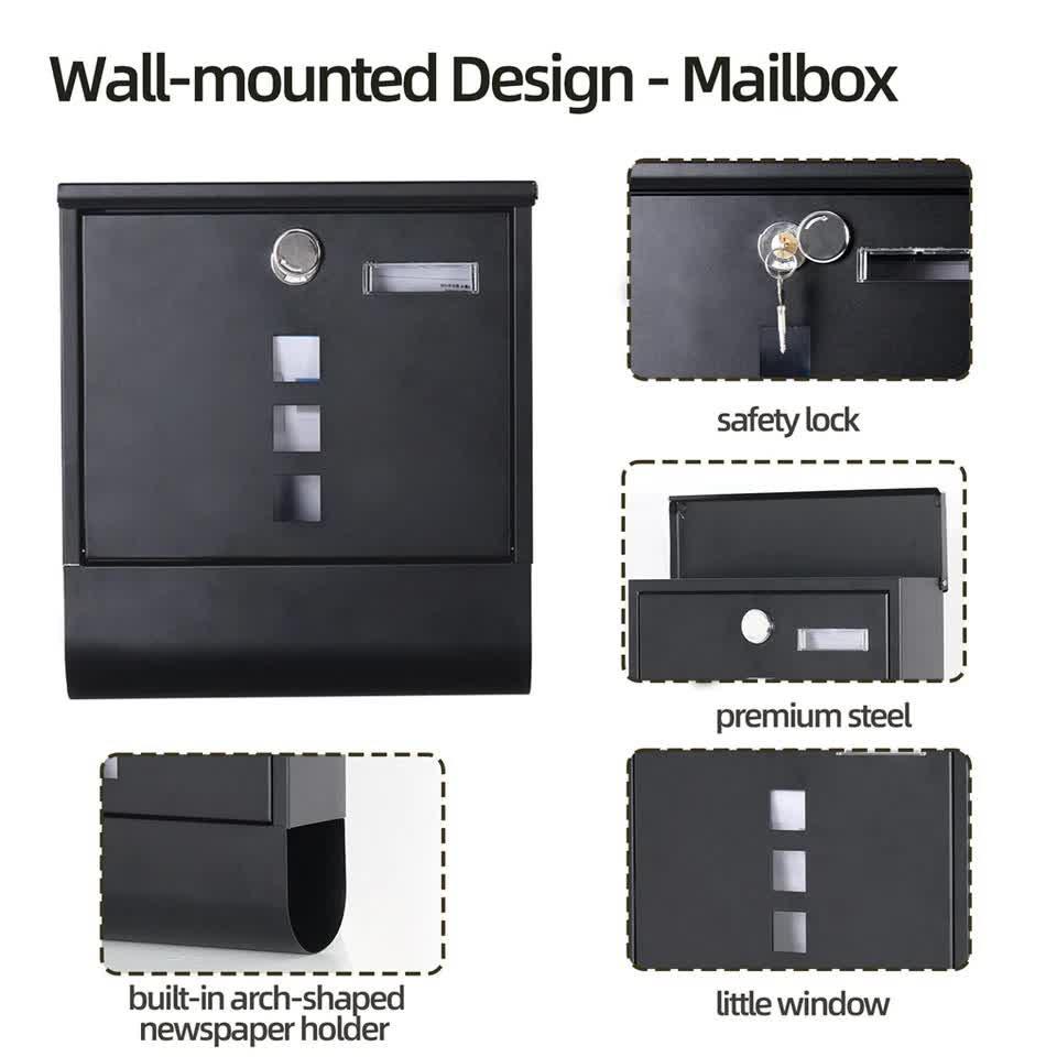 Lockable Mailbox Wall Mounted Mail Letter Post Box with Newspaper Holder Rack.