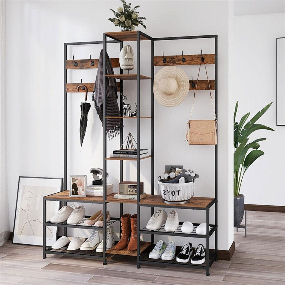 Xxl Corner Coat Stand Widen Depth Bench Shoe Rack Storage Shelves 10 Dual Hooks