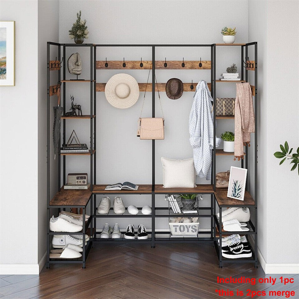 Xxl Corner Coat Stand Widen Depth Bench Shoe Rack Storage Shelves 10 Dual Hooks