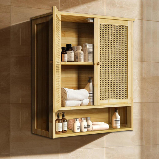 3 Tier Bathroom Wall Cabinet Rattan Door Bamboo Storage Shelf Over Toilet Cupboard Organizer.