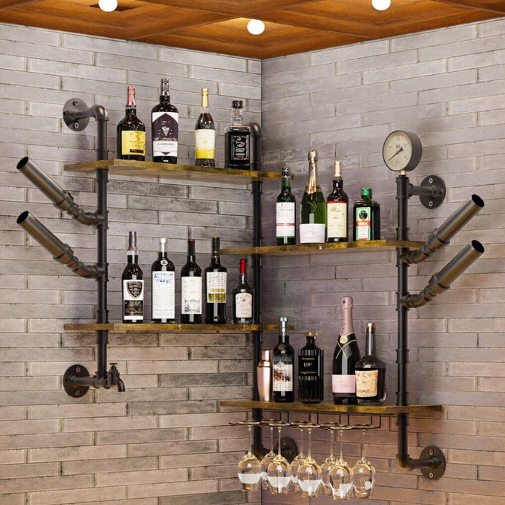 Industrial Pipe Bar Wall Liquor Shelf Floating Shelves with Wine Glass Holder.