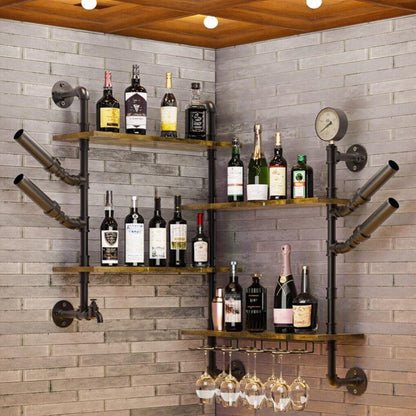 Industrial Pipe Bar Wall Liquor Shelf Floating Shelves with Wine Glass Holder.