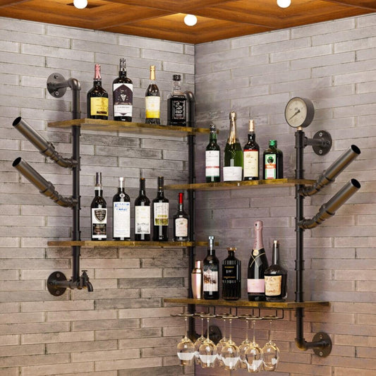 Industrial Pipe Bar Wall Liquor Shelf Floating Shelves with Wine Glass Holder.