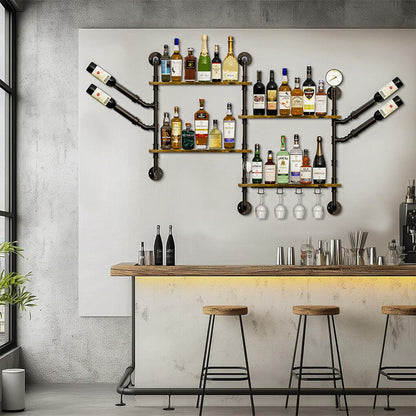 Industrial Pipe Bar Wall Liquor Shelf Floating Shelves with Wine Glass Holder.