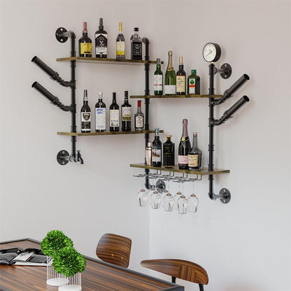Industrial Pipe Bar Wall Liquor Shelf Floating Shelves with Wine Glass Holder.