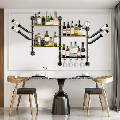Industrial Pipe Bar Wall Liquor Shelf Floating Shelves with Wine Glass Holder.