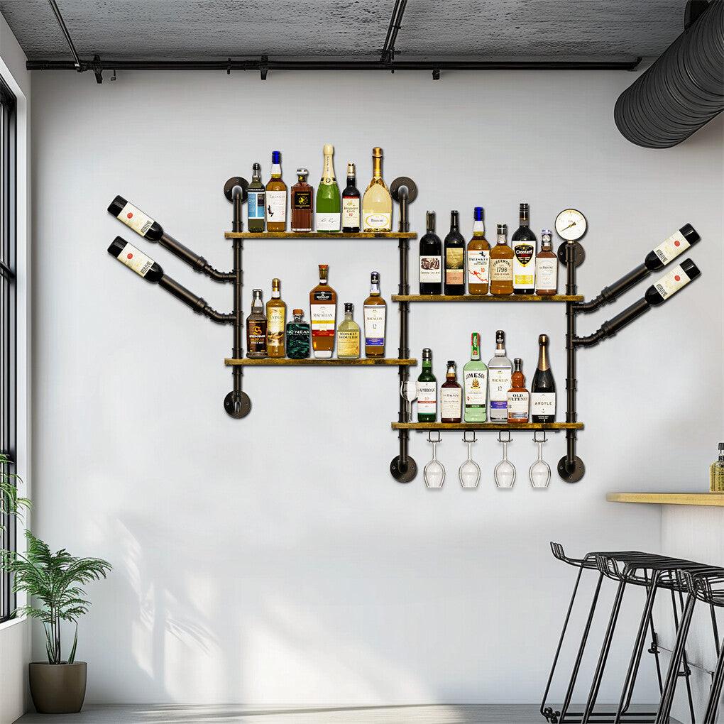 Industrial Pipe Bar Wall Liquor Shelf Floating Shelves with Wine Glass Holder.